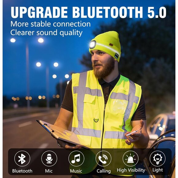 Reflective Stripe Bluetooth Beanie with a Light High Visibility Winter Hat with - Picture 3 of 6